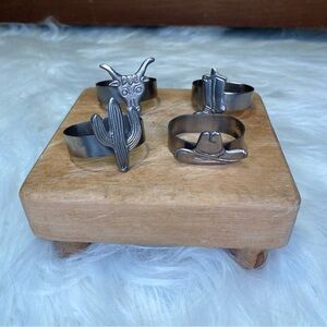 4 Silver Metal Western Cowboy Hat Desert Cactus Boots Napkin Rings